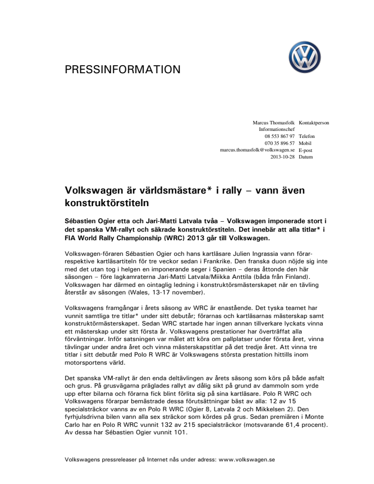 Volkswagen är världsmästare i rally – vann även konstruktörstiteln