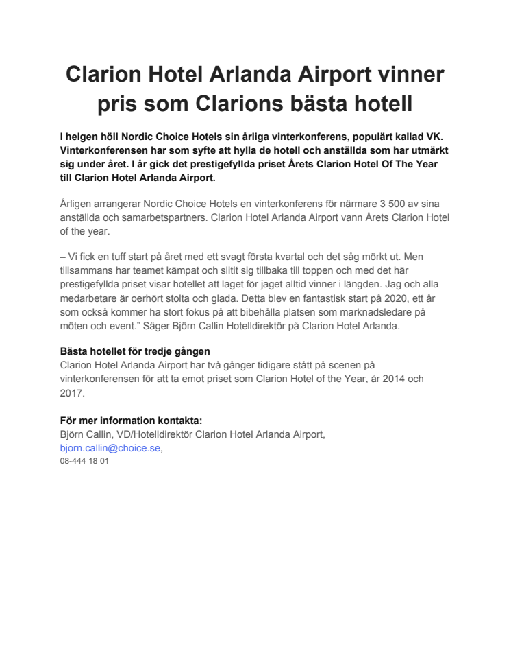 Clarion Hotel Arlanda Airport vinner pris som Clarions bästa hotell