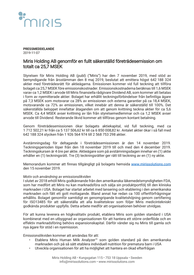 Miris Holding AB genomför en fullt säkerställd företrädesemission om totalt ca 25,7 MSEK 