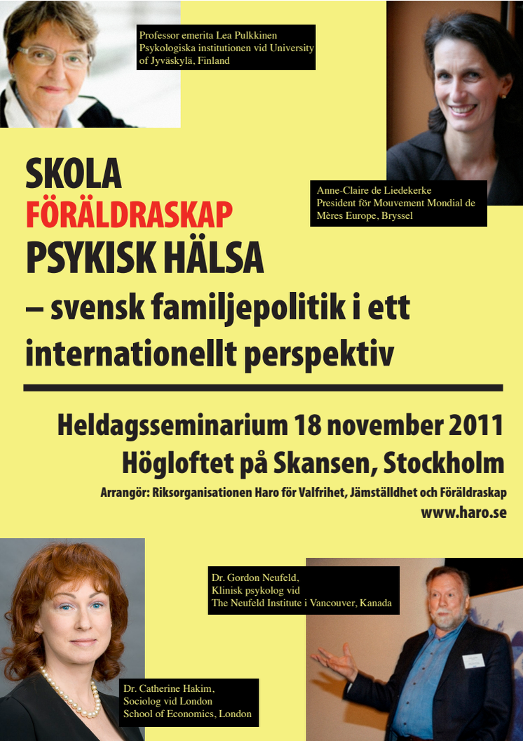 Nytt Haro-seminarium i november: Skola, föräldraskap, psykisk hälsa - svensk familjepolitik i ett internationellt perspektiv