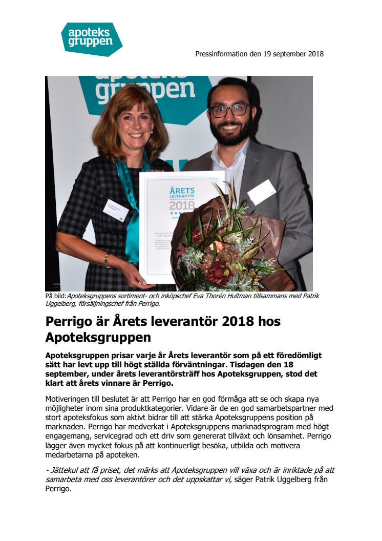 Perrigo är Årets leverantör 2018 hos Apoteksgruppen