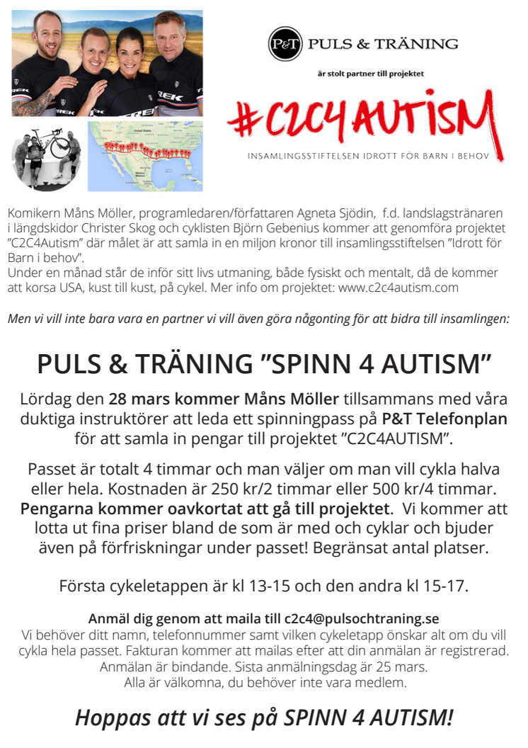 PULS & TRÄNING "SPINN 4 AUTISM" imorgon lördag den 28/3 i Hägersten