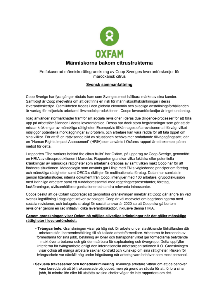 Oxfamrapport: Människorna bakom citrusfrukterna - sammanfattning på svenska 