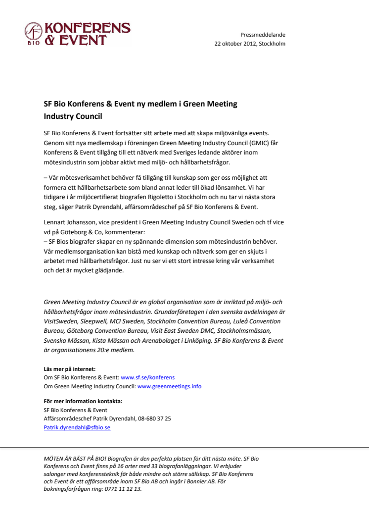 SF Bio Konferens & Event ny medlem i Green Meeting Industry Council 