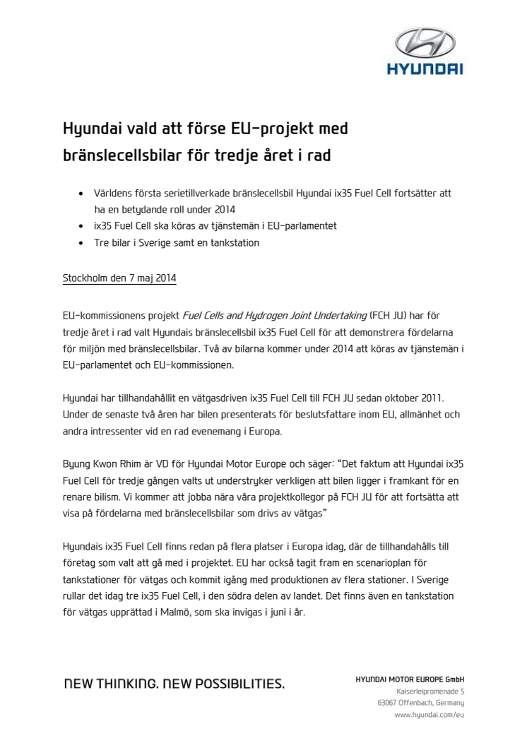 Hyundai vald att förse EU-projekt med bränslecellsbilar för tredje året i rad