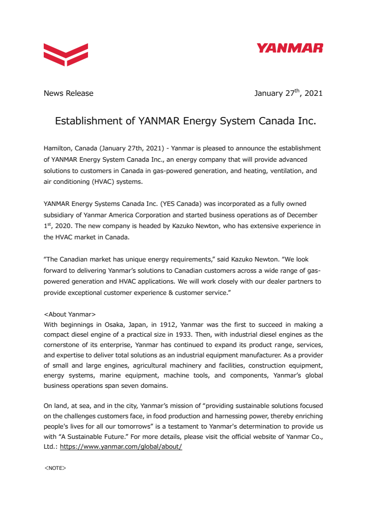 Establishment of YANMAR Energy System Canada Inc.