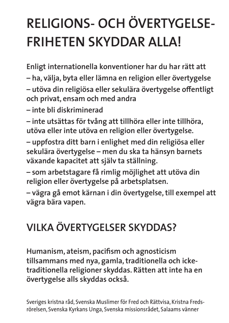 Flygblad för manifestation för religions- och övertygelsefrihet