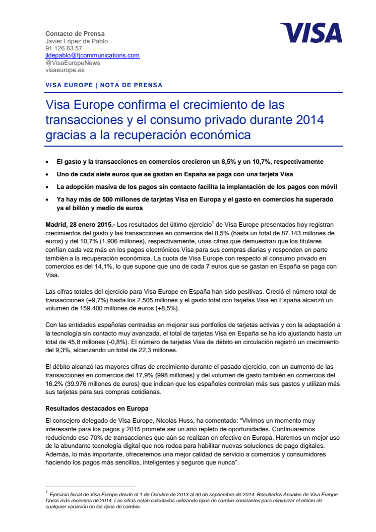 Presentación Resultados Anuales Visa Europe Ejercicio 2013-2014 (Enero 2015)