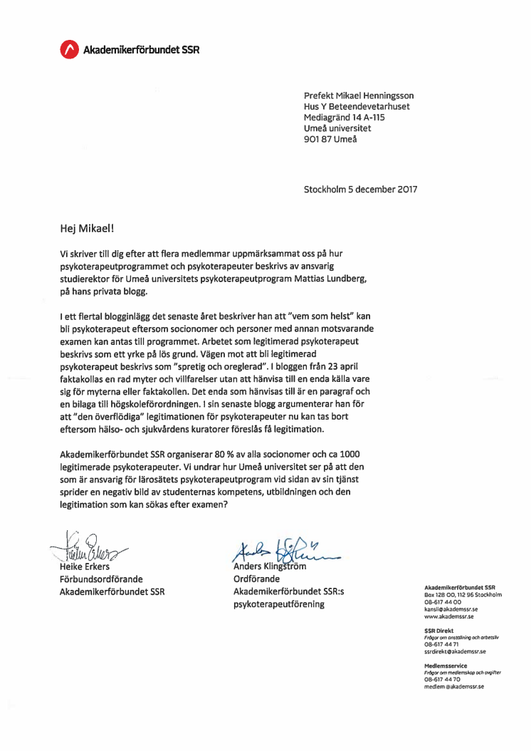 Brev till Umeå universitet från Akademikerförbundet SSR 5 december 2017