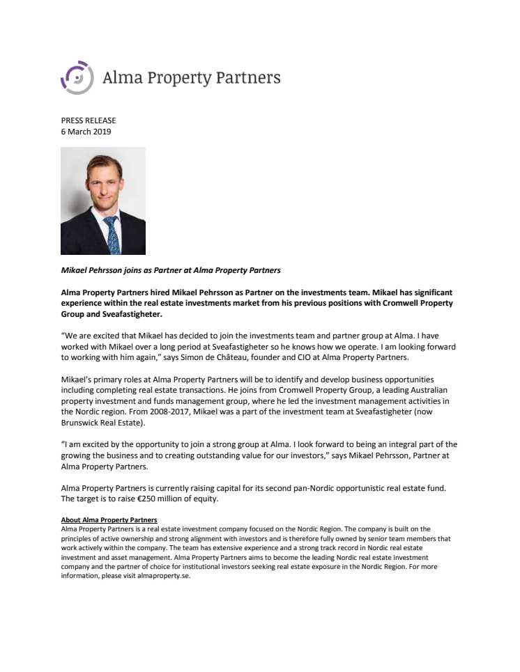 Mikael Pehrsson joins as Partner at Alma Property Partners