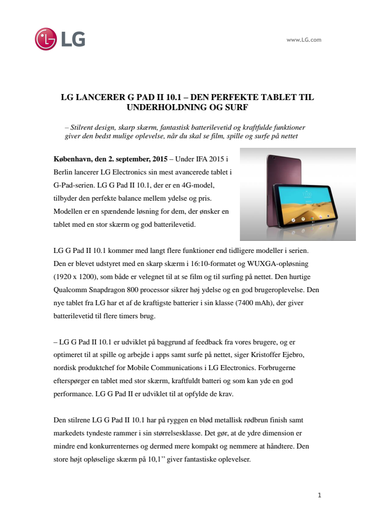 ​LG LANCERER G PAD II 10.1 – DEN PERFEKTE TABLET TIL UNDERHOLDNING OG SURF