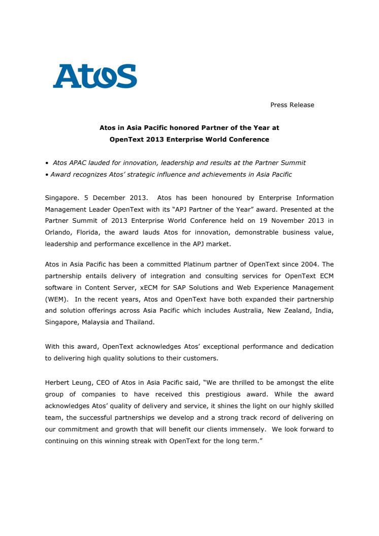 Atos in Asia Pacific honored Partner of the Year at  OpenText 2013 Enterprise World Conference 