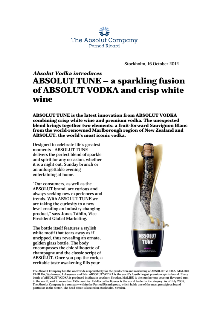 ABSOLUT TUNE – a sparkling fusion of ABSOLUT VODKA and crisp white wine