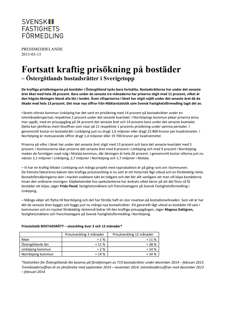 Fortsatt kraftig prisökning på bostäder - Östergötlands bostadsrätter i Sverigetopp