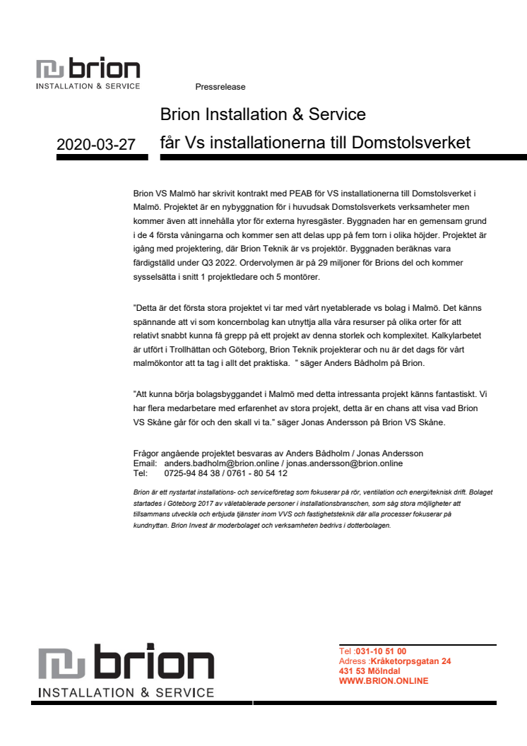 Brion Installation & Service får Vs installationerna till Domstolsverket 