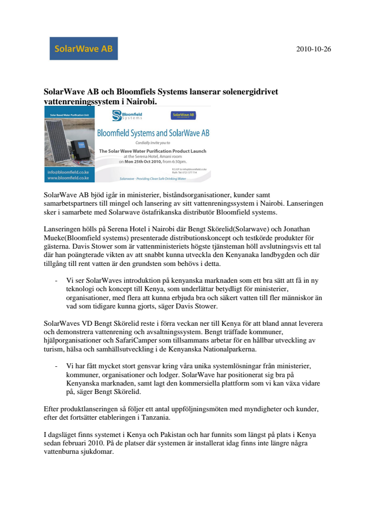 SolarWave AB och Bloomfiels Systems lanserar solenergidrivet vattenreningssystem i Nairobi.