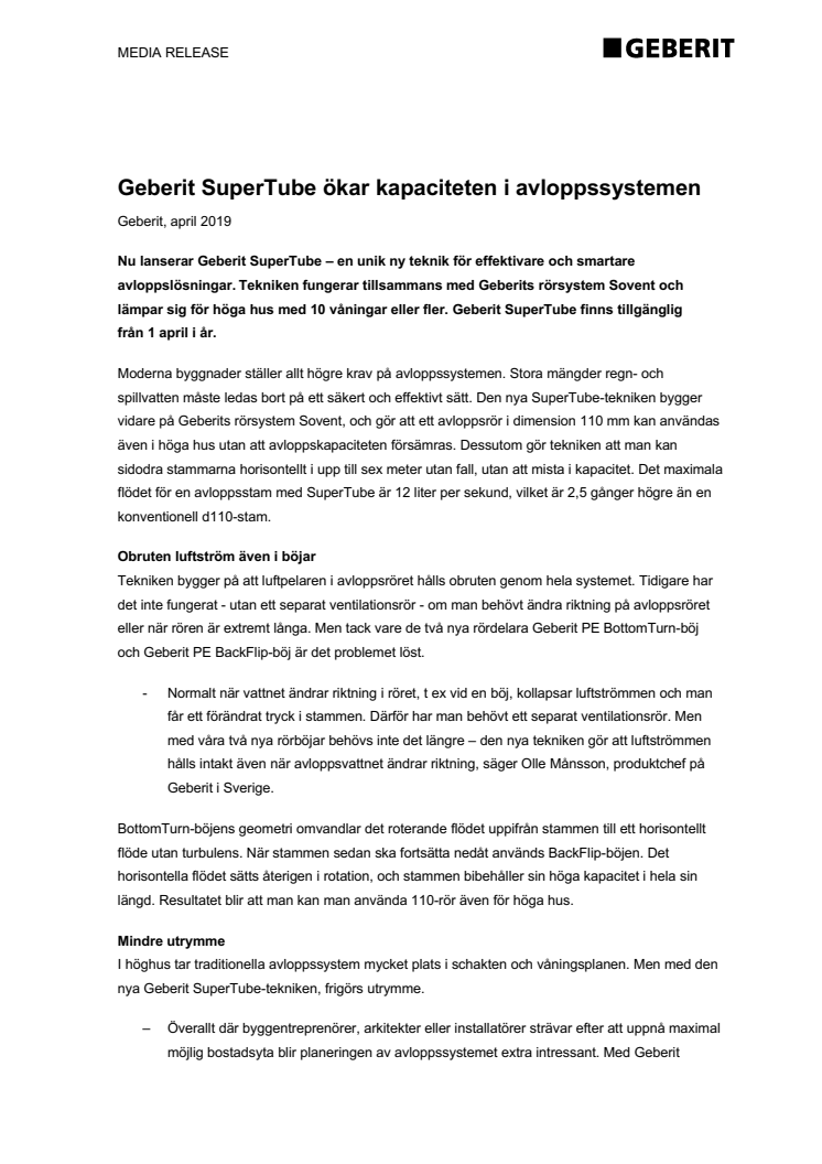 Geberit SuperTube ökar kapaciteten i avloppssystemen