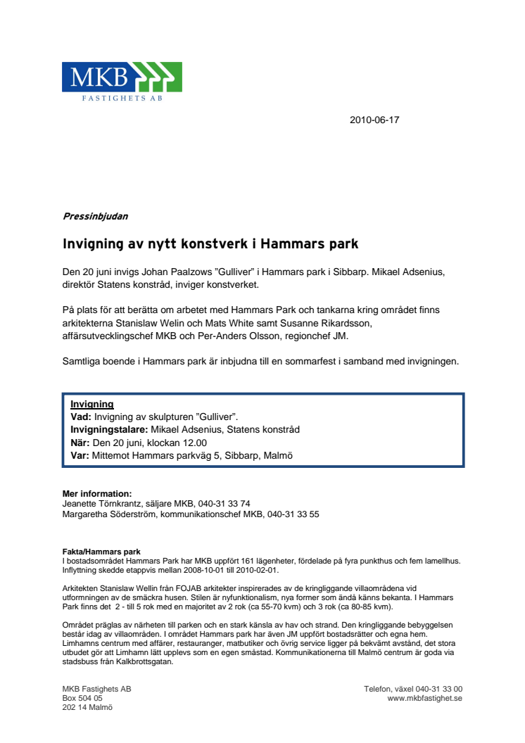 Invigning av nytt konstverk i Hammars park