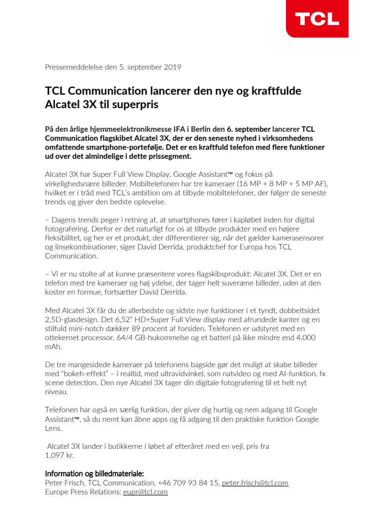 TCL Communication lancerer den nye og kraftfulde  Alcatel 3X til superpris