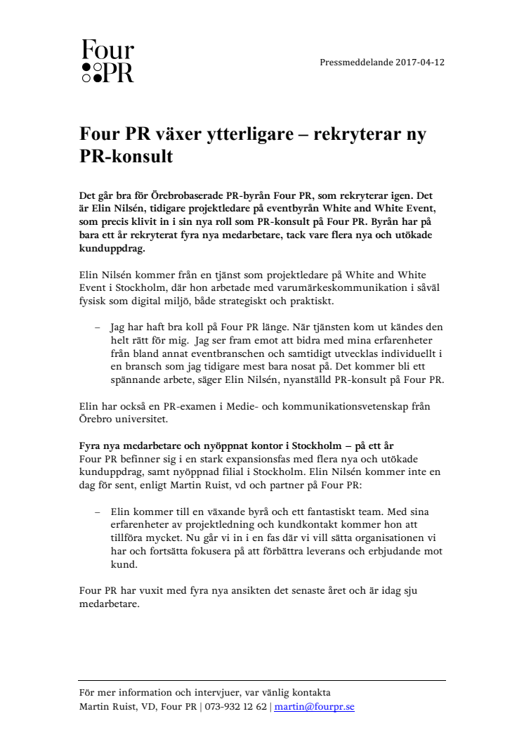 Four PR växer ytterligare – rekryterar ny PR-konsult 