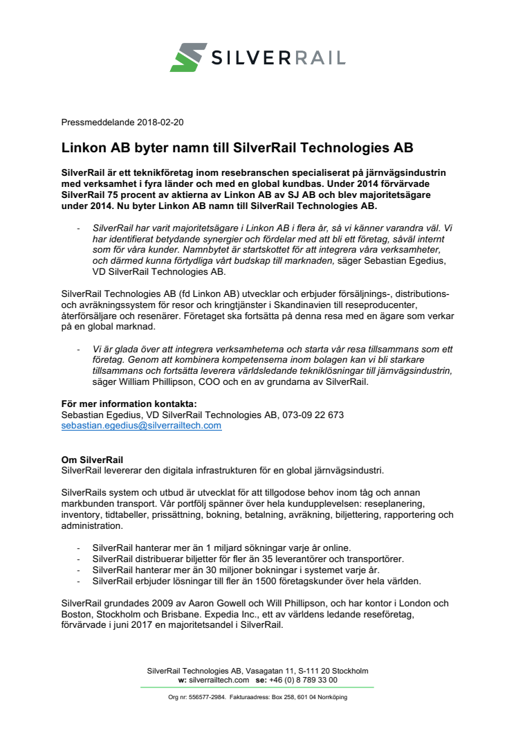 Linkon AB byter namn till SilverRail Technologies AB