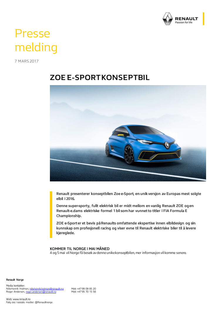 ZOE e-Sport konseptbil presenteres på bilmessen i Genève