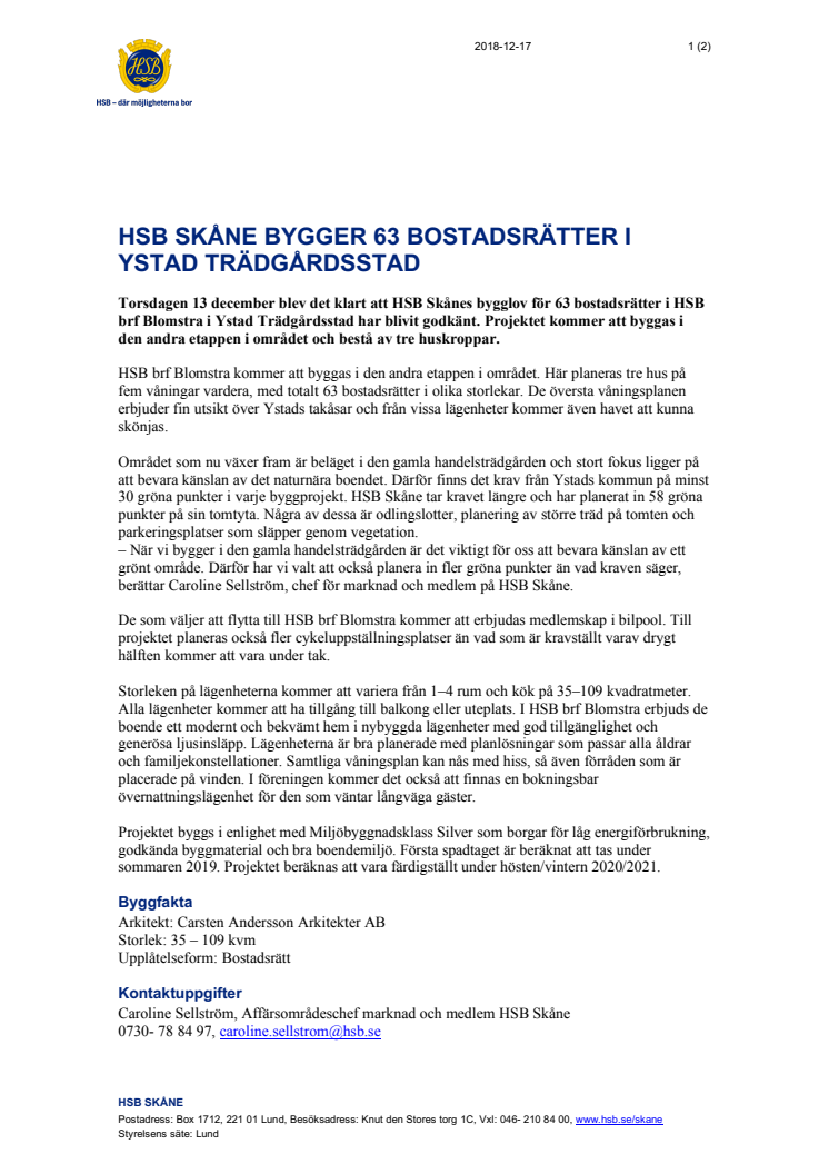 HSB Skåne bygger 63 bostadsrätter i Ystad Trädgårdsstad, godkänt bygglov för HSB brf Blomstra