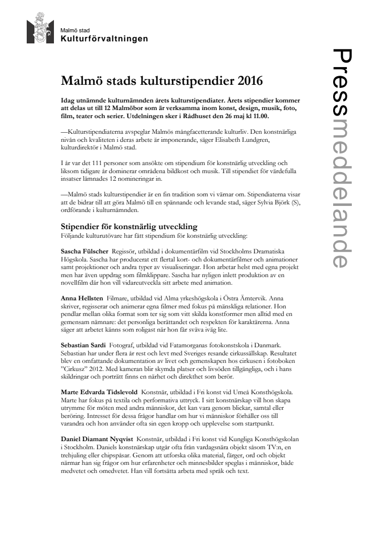 Malmö stads kulturstipendier 2016