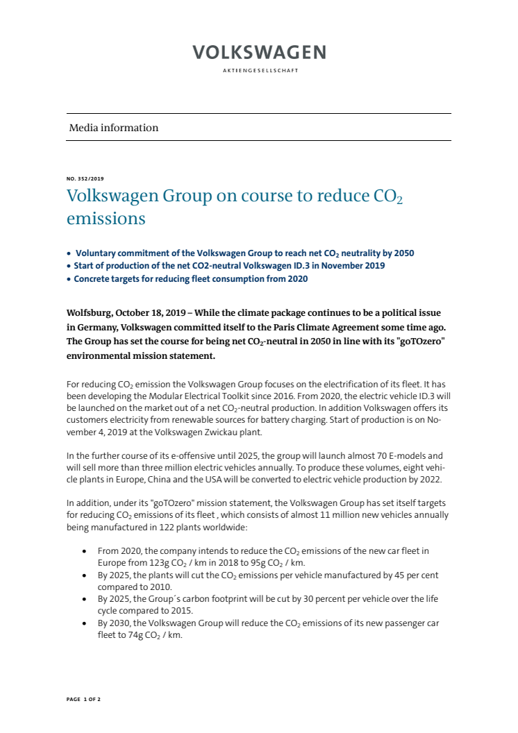 Volkswagen-koncernen på rätt väg för att minska koldioxidutsläppen
