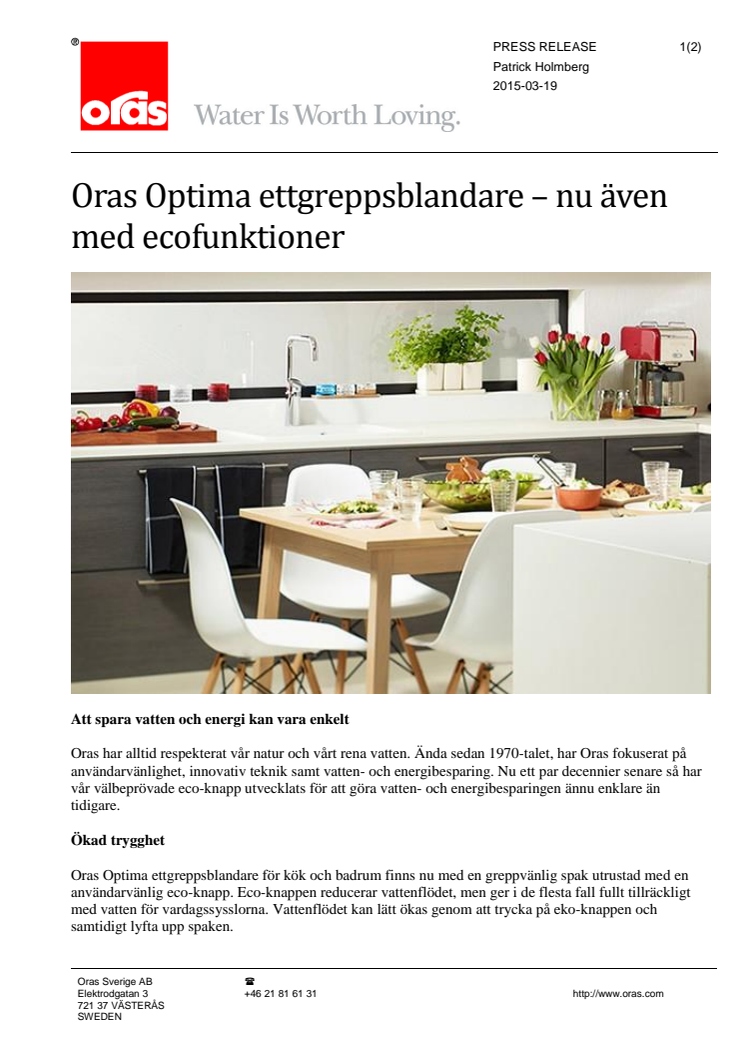 Oras Optima ettgreppsblandare – nu även med ecofunktioner