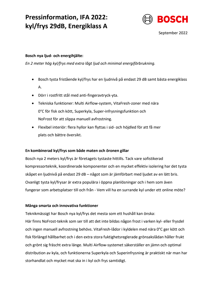 Bosch pressrelease kylfrys 29dB Energiklass A_SE