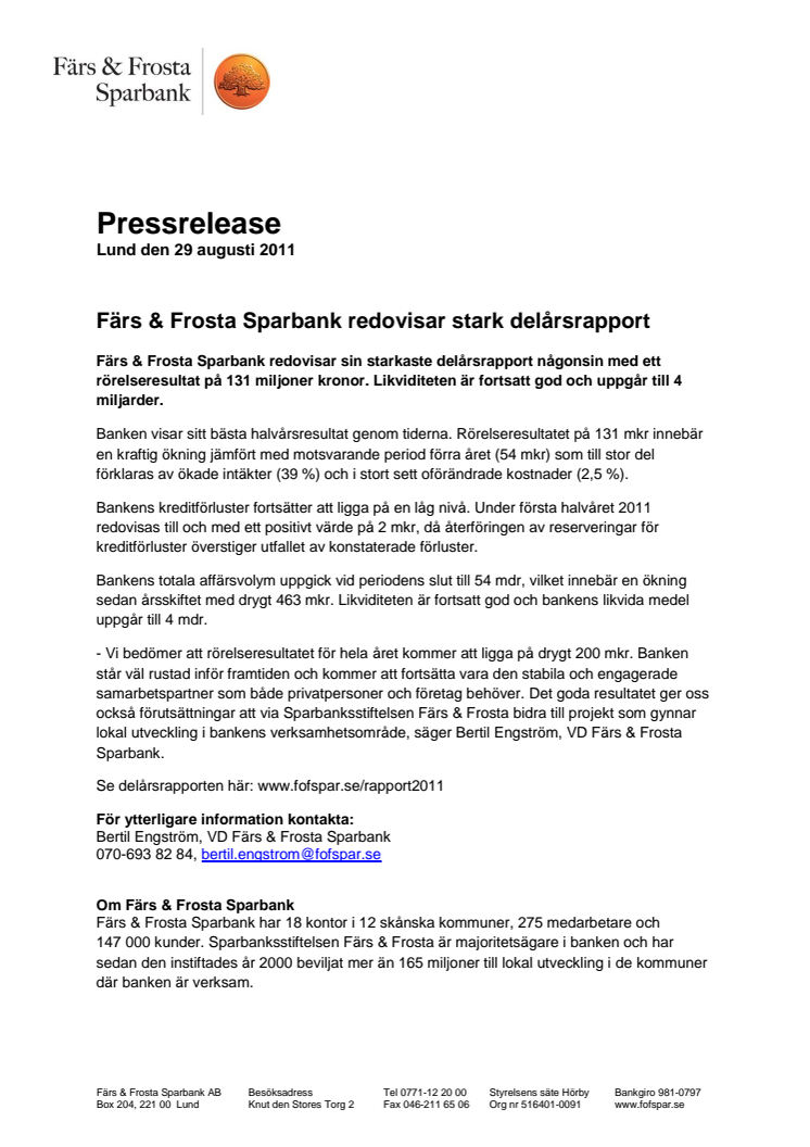 Färs & Frosta Sparbank redovisar stark delårsrapport