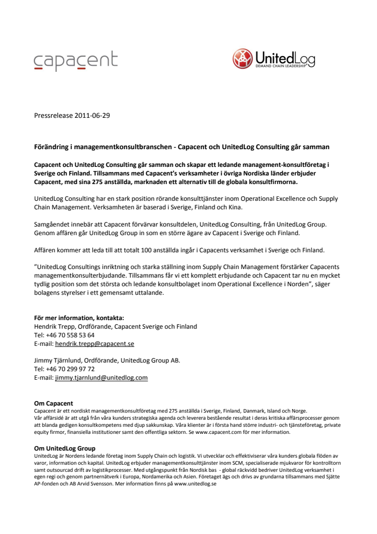 Förändring i managementkonsultbranschen - Capacent och UnitedLog Consulting går samman