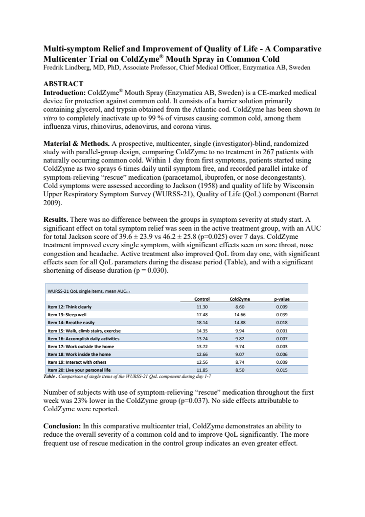 Multi-symptom Relief and Improvement of Quality of Life - A Comparative Multicenter Trial on ColdZyme® Mouth Spray in Common Cold