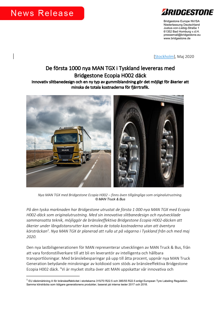 De första 1000 nya MAN TGX i Tyskland levereras med  Bridgestone Ecopia H002 däck