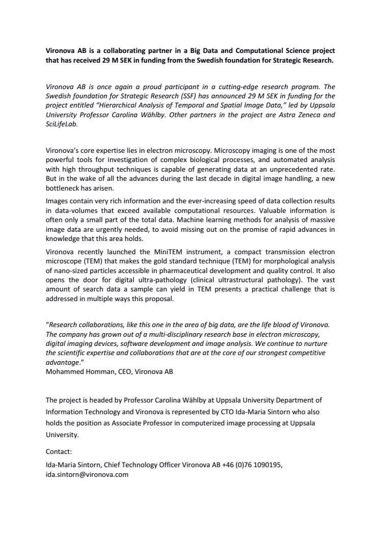 Vironova AB is collaborating partner in Big Data and Computational Science project that received 29 M SEK in funding from the Swedish foundation for Strategic Research.