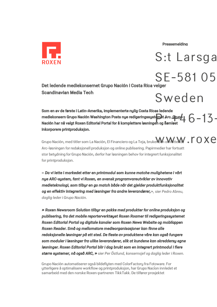 Det ledende mediekonsernet Grupo Nación i Costa Rica velger Scandinavian Media Tech