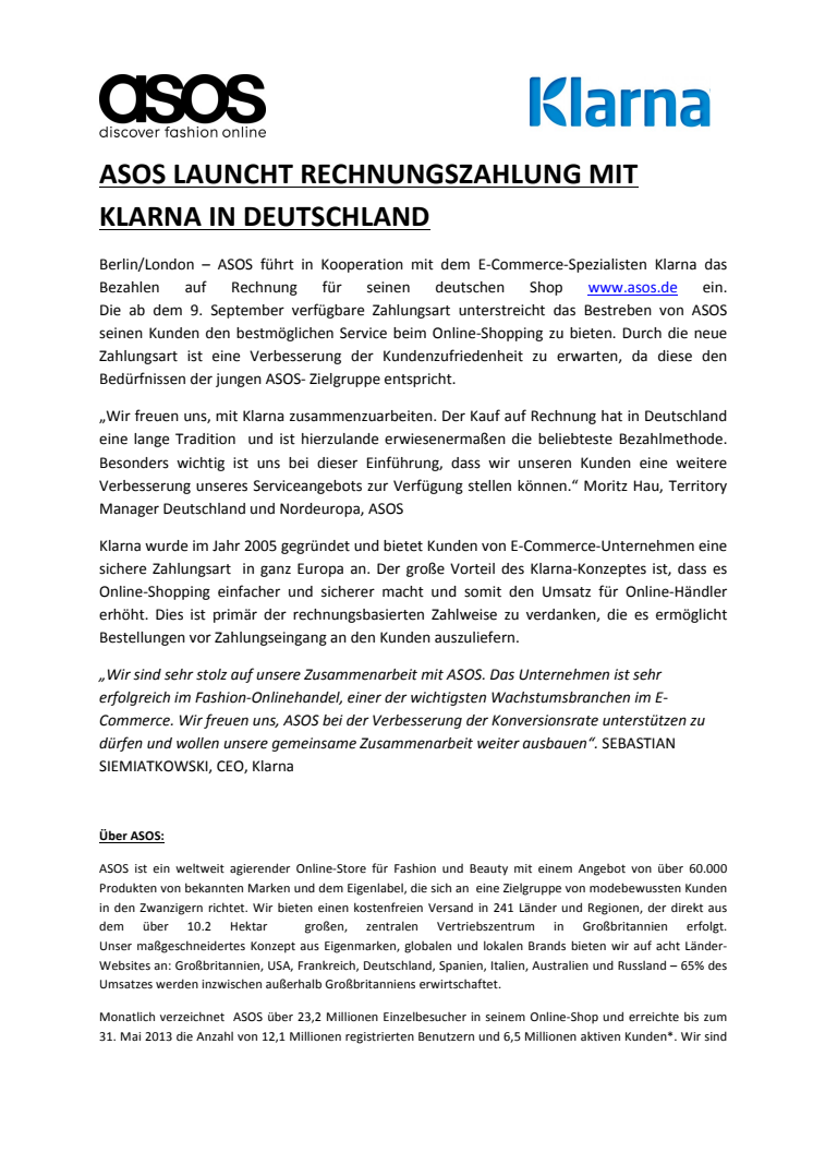 ASOS launcht Rechnungszahlung mit Klarna in Deutschland