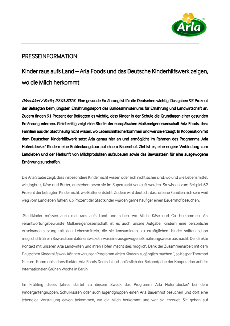 Kinder raus aufs Land – Arla Foods und das Deutsche Kinderhilfswerk zeigen, wo die Milch herkommt