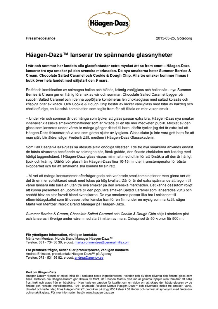 Häagen-Dazs™ lanserar tre spännande glassnyheter