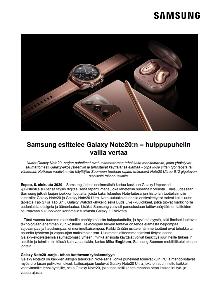 Samsung esittelee Galaxy Note20:n – huippupuhelin vailla vertaa