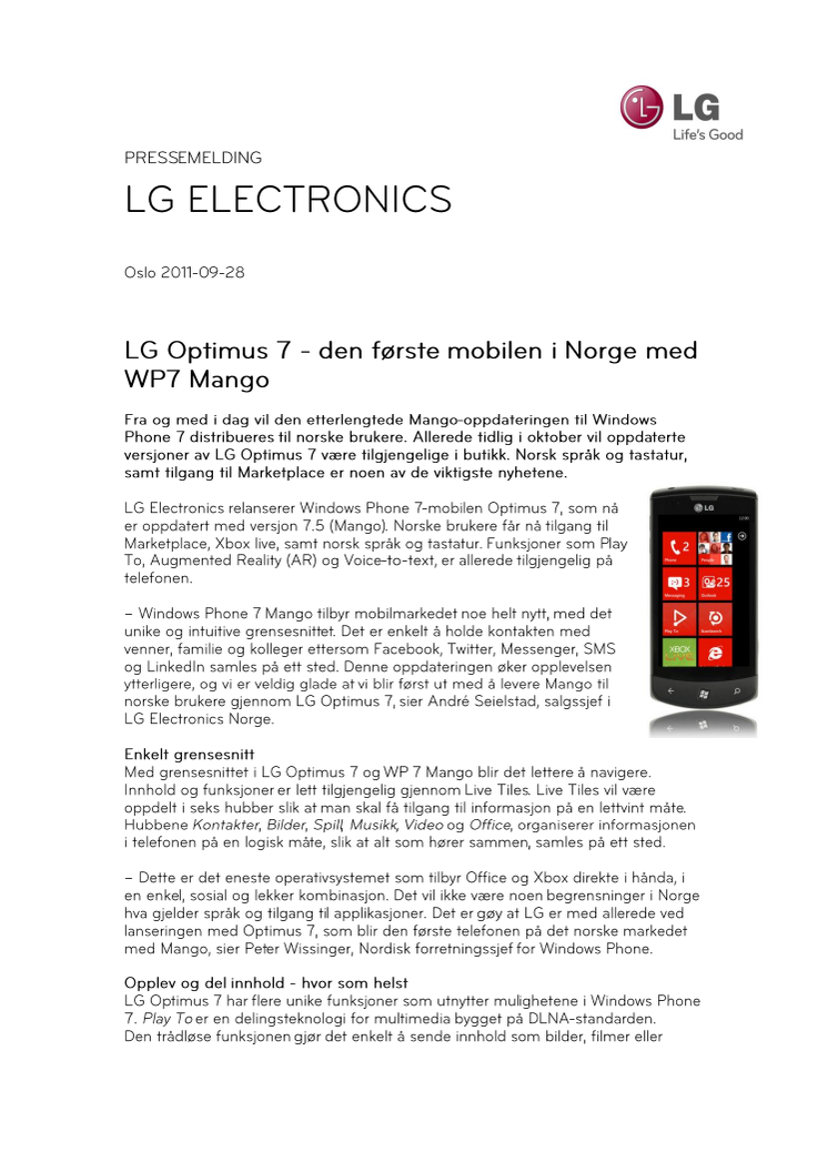 LG Optimus 7 - den første mobilen i Norge med WP7 Mango