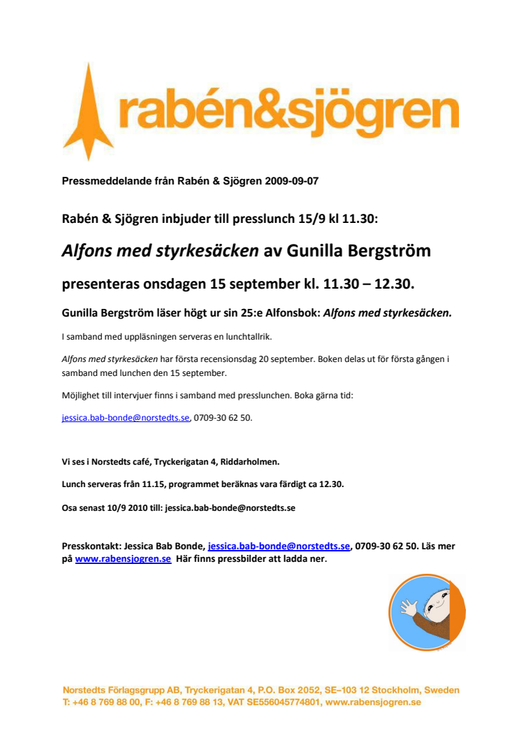Inbjudan till presslunch 15/9 11.30 Alfons med styrkesäcken presenteras!