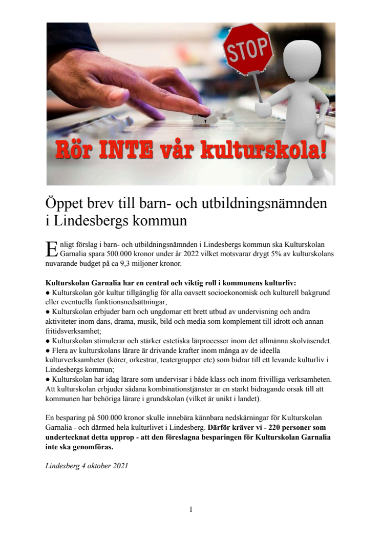 Öppet brev om Kulturskolan Garnalia till barn- och utbildningsnämnden