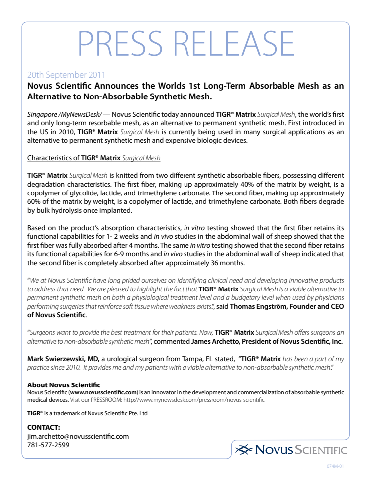 Novus Scientific Announces the Worlds 1st Long-Term Absorbable Mesh as an Alternative to Non-Absorbable Synthetic Mesh.