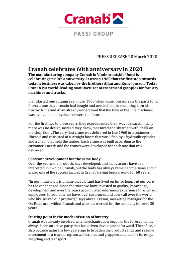 Cranab celebrates 60th anniversary in 2020