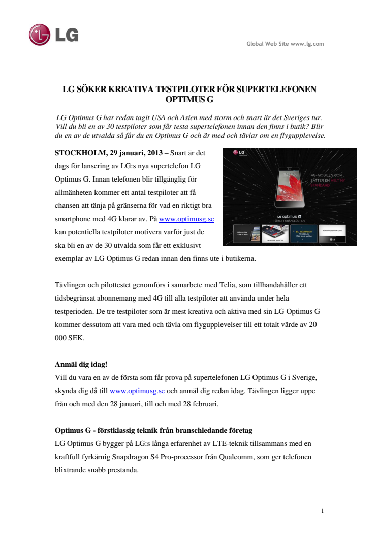 LG SÖKER KREATIVA TESTPILOTER FÖR SUPERTELEFONEN OPTIMUS G