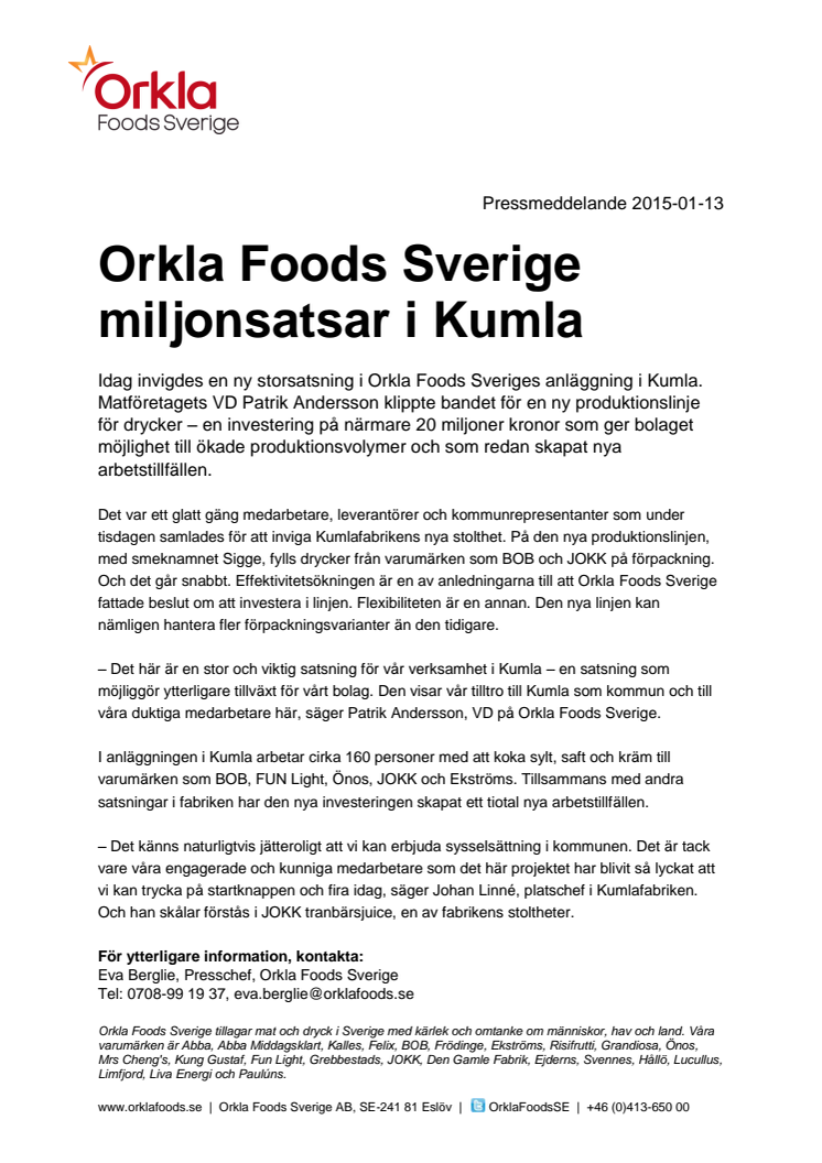 Orkla Foods Sverige miljonsatsar i Kumla
