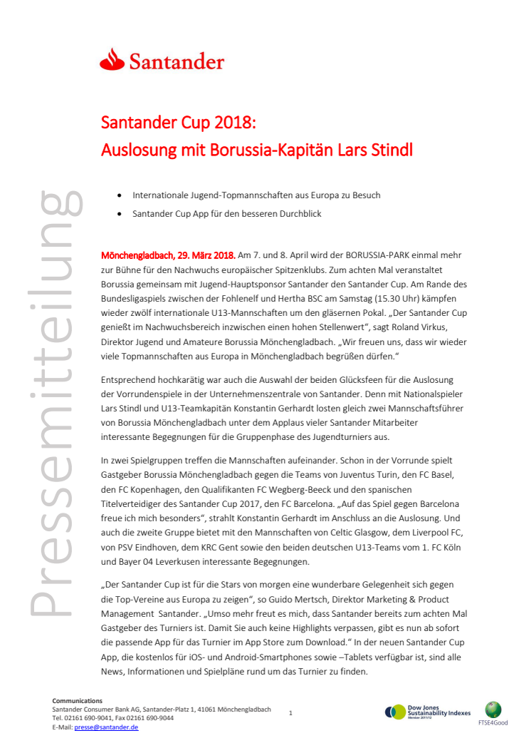 Santander Cup 2018:  Auslosung mit Borussia-Kapitän Lars Stindl