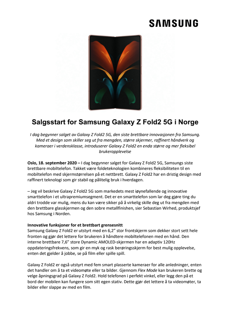 Salgsstart for Samsung Galaxy Z Fold2 5G i Norge